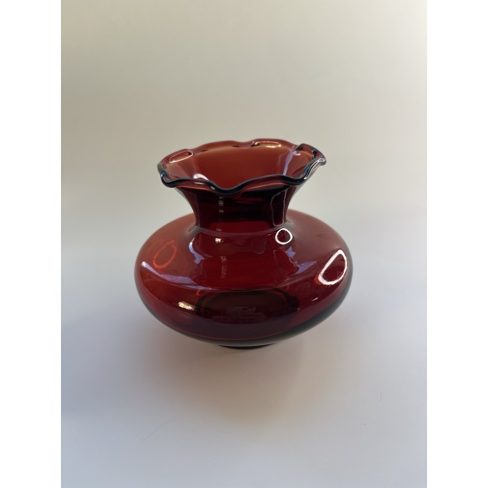 Vintage Ruby Red Art Glass Vase Ruffled Rim Hand‎ Blown Cranberry Glass 5"
